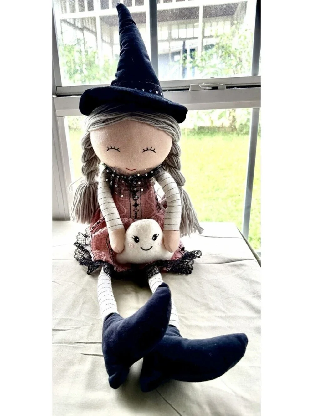 Pink Halloween Shelf Sitter Plush Witch Doll Holding Ghost 18” By Magical Season